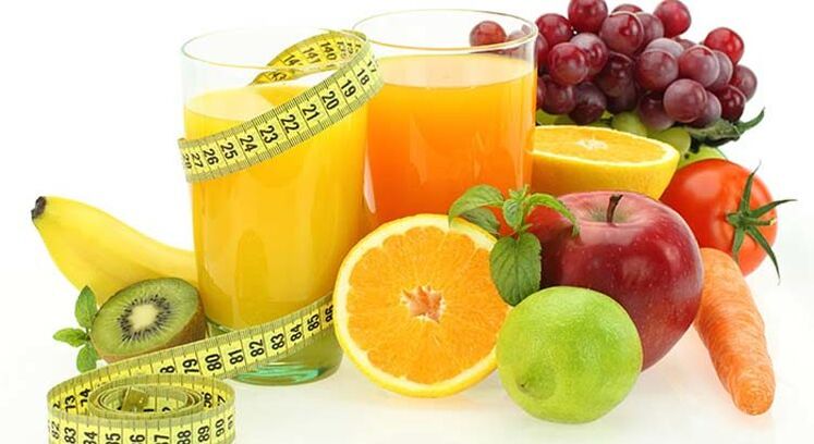 Froitas, verduras e zumes para a perda de peso na dieta favorita